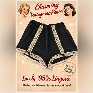 Vintage 1950s Henson Kickernick Black Lingerie Tap Pants with Beige Lace Trim, S